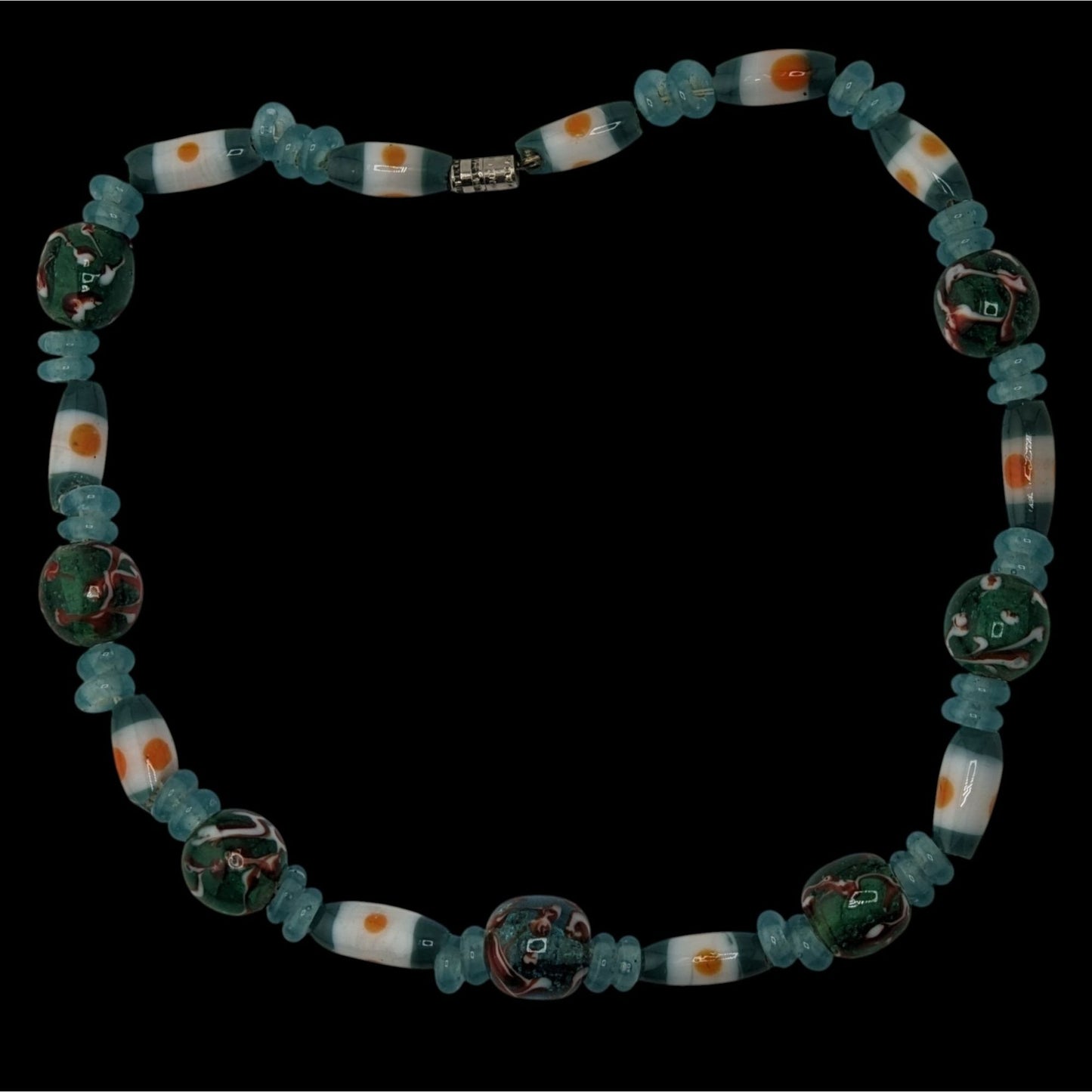 Handcrafted Blue Glass Beaded Necklace With Swirled Green And White Accents