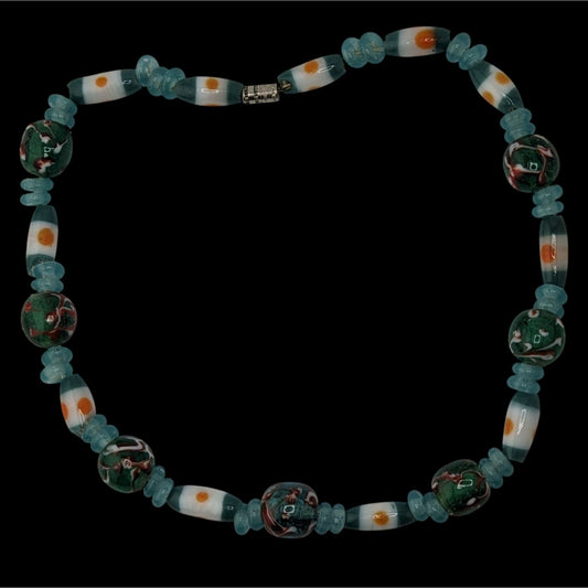 Handcrafted Blue Glass Beaded Necklace With Swirled Green And White Accents