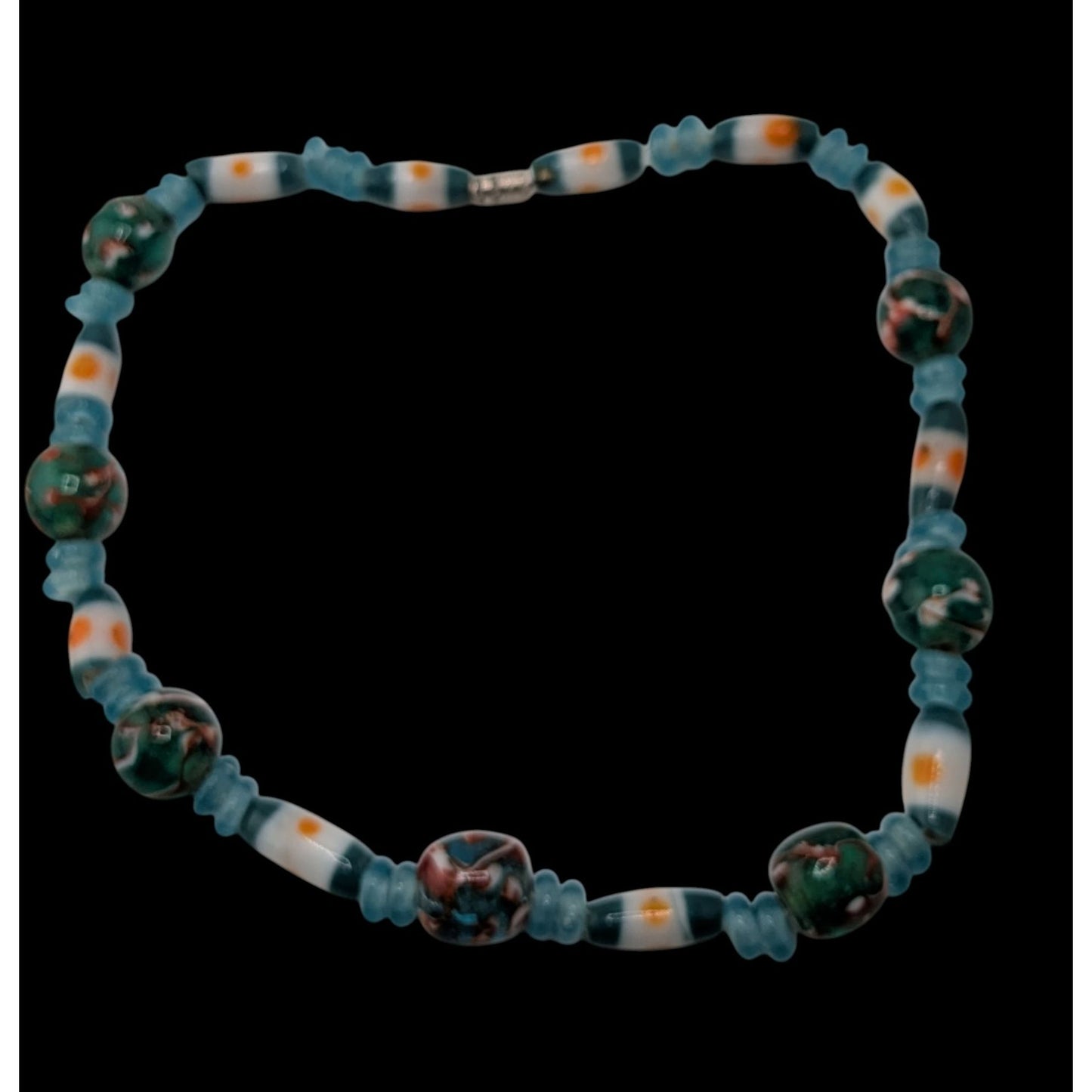 Handcrafted Blue Glass Beaded Necklace With Swirled Green And White Accents