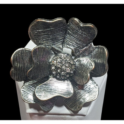 Metallic Floral Rhinestone Silver Tone Stretch Ring Size 5