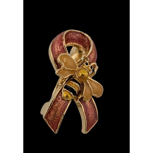 Bee On Ribbon Red And Yellow Enamel Brooch