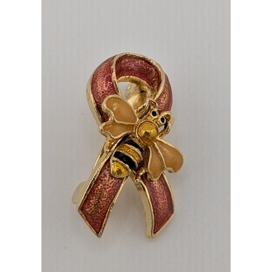 Bee On Ribbon Red And Yellow Enamel Brooch