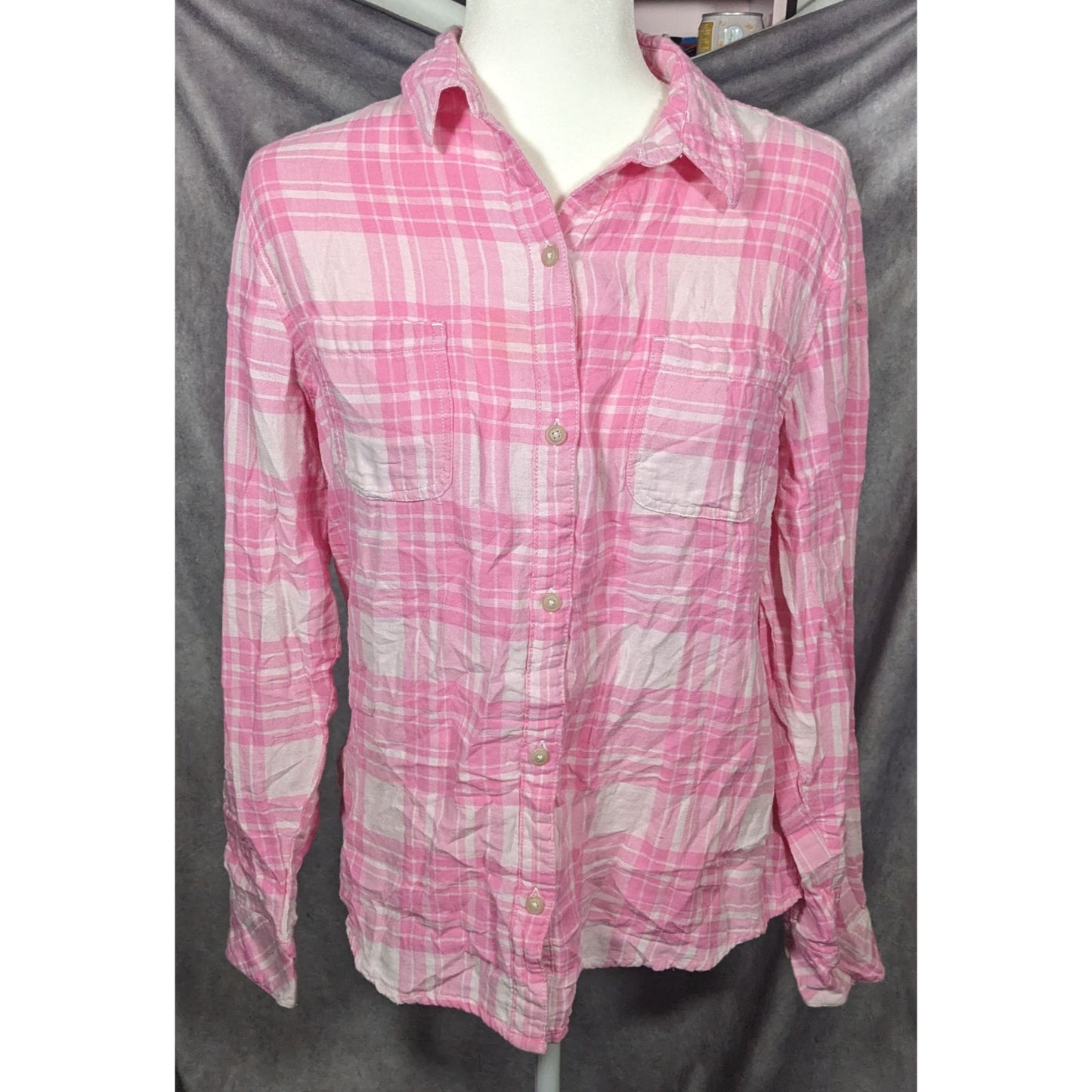 Riders By Lee Indigo Pink And White Plaid Button Top