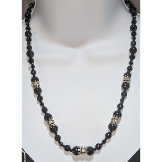 Goth Coquette Vintage Black Beaded Floral Rhinestone Statement Necklace