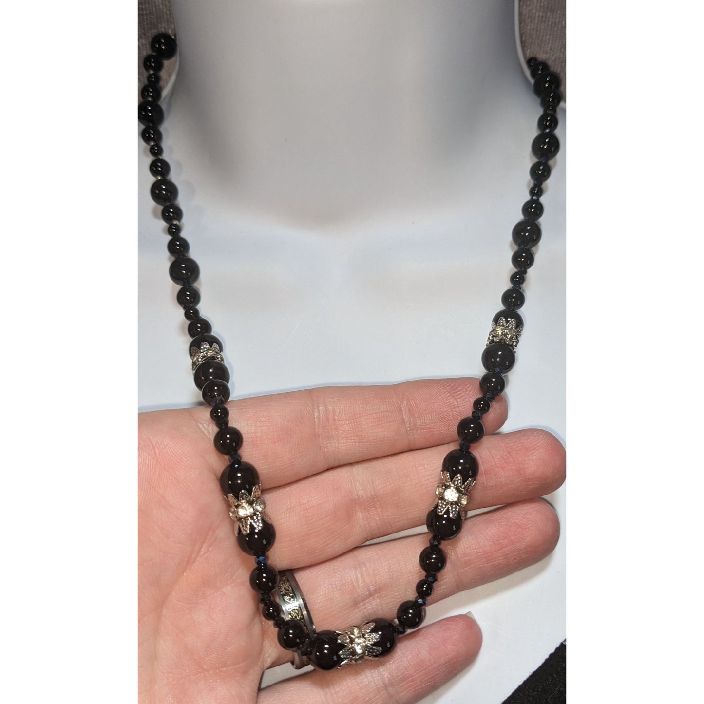 Goth Coquette Vintage Black Beaded Floral Rhinestone Statement Necklace