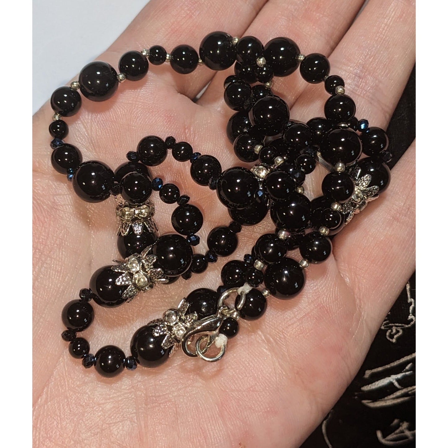Goth Coquette Vintage Black Beaded Floral Rhinestone Statement Necklace