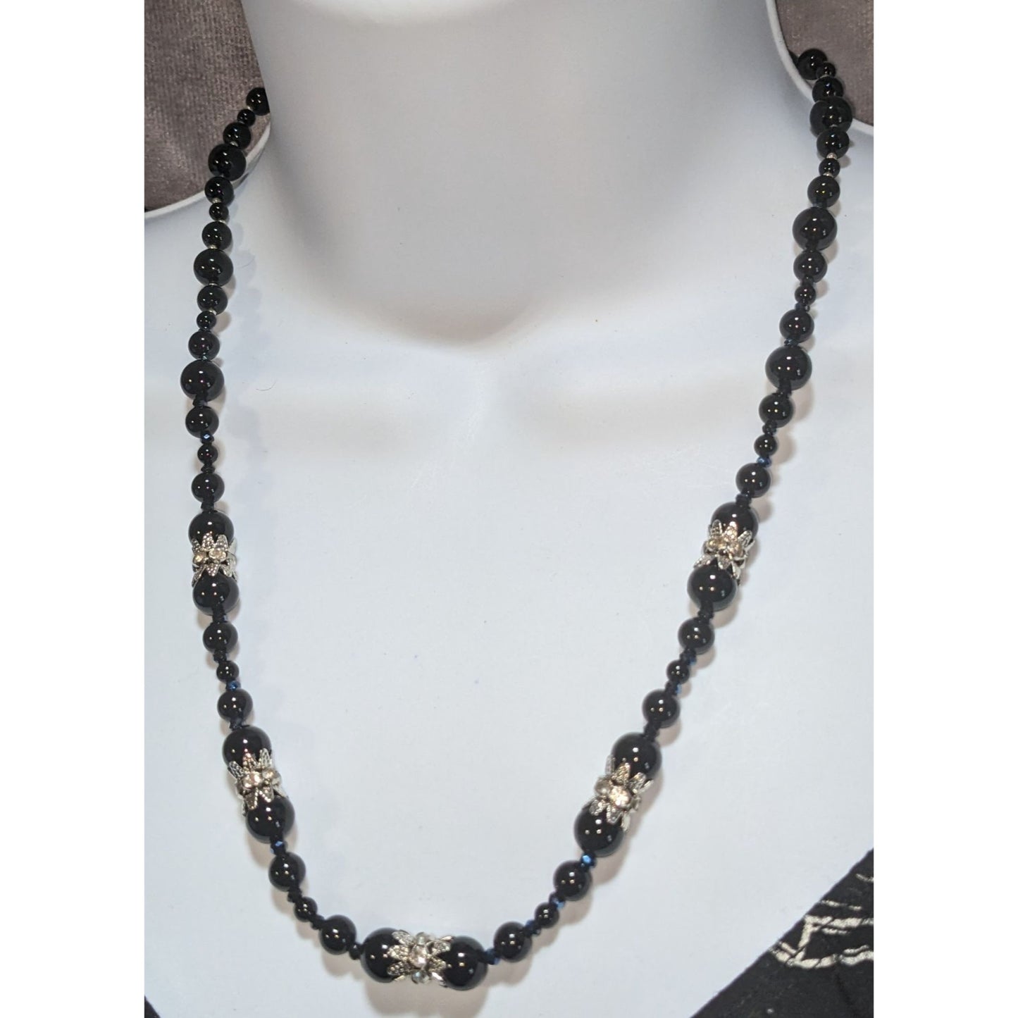 Goth Coquette Vintage Black Beaded Floral Rhinestone Statement Necklace