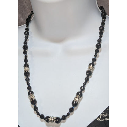 Goth Coquette Vintage Black Beaded Floral Rhinestone Statement Necklace