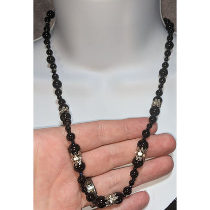 Goth Coquette Vintage Black Beaded Floral Rhinestone Statement Necklace