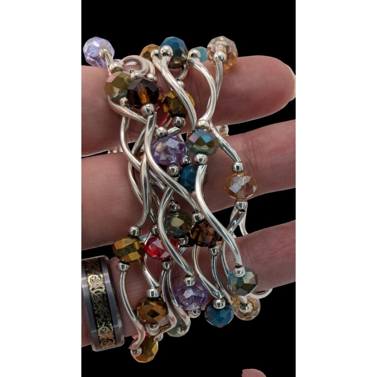 Boho Y2K Colorful Glass Beaded Wavy Stretch Bracelet Set Silver Tone Stack