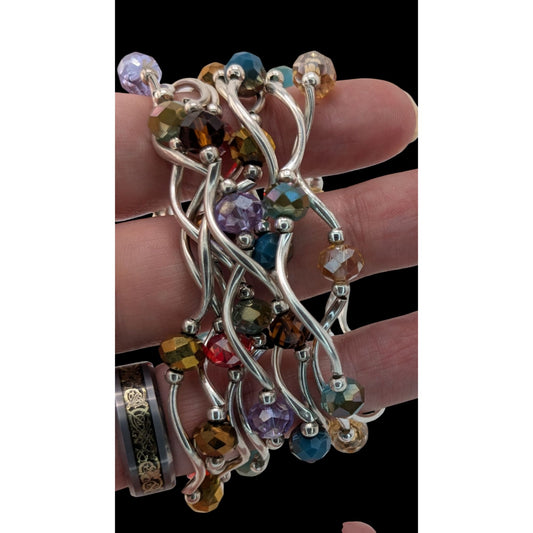 Boho Y2K Colorful Glass Beaded Wavy Stretch Bracelet Set Silver Tone Stack