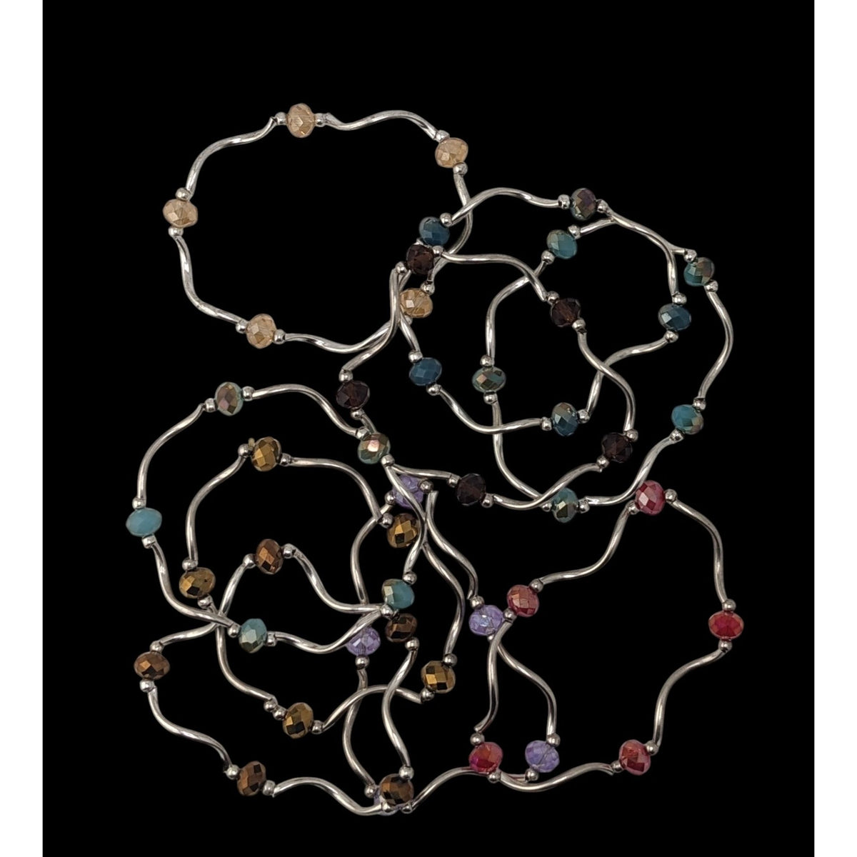 Boho Y2K Colorful Glass Beaded Wavy Stretch Bracelet Set Silver Tone Stack