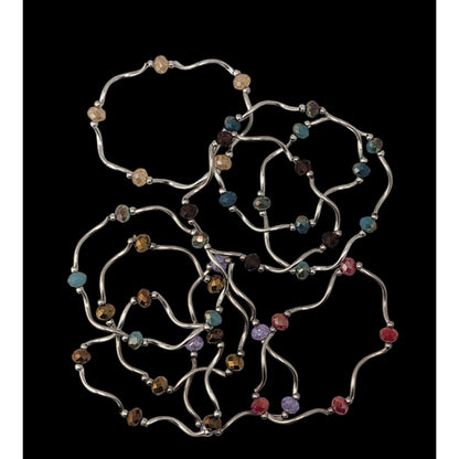 Boho Y2K Colorful Glass Beaded Wavy Stretch Bracelet Set Silver Tone Stack