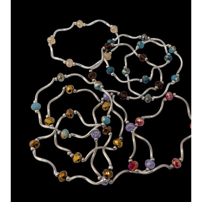 Boho Y2K Colorful Glass Beaded Wavy Stretch Bracelet Set Silver Tone Stack