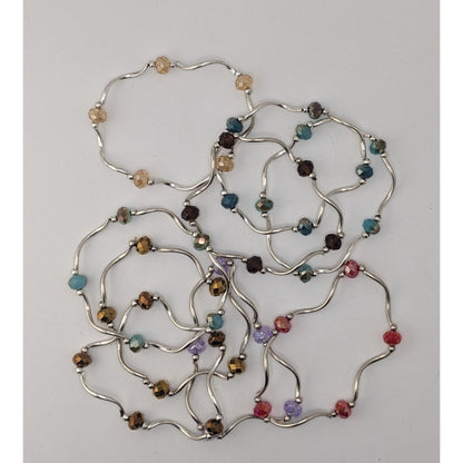 Boho Y2K Colorful Glass Beaded Wavy Stretch Bracelet Set Silver Tone Stack