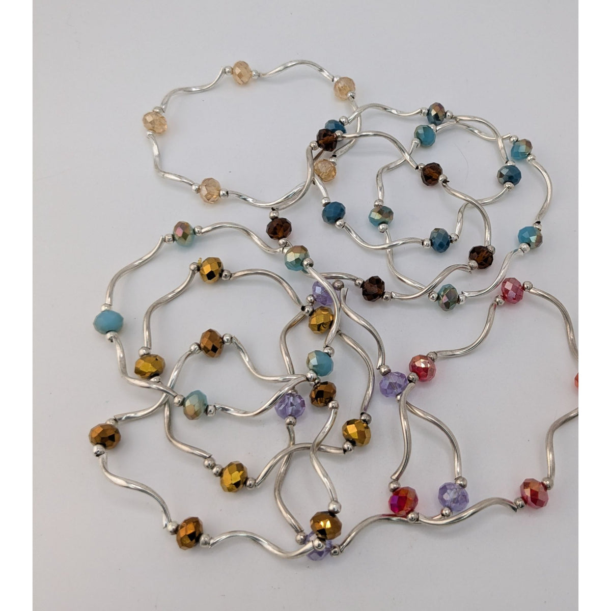 Boho Y2K Colorful Glass Beaded Wavy Stretch Bracelet Set Silver Tone Stack