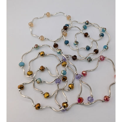 Boho Y2K Colorful Glass Beaded Wavy Stretch Bracelet Set Silver Tone Stack