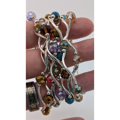 Boho Y2K Colorful Glass Beaded Wavy Stretch Bracelet Set Silver Tone Stack