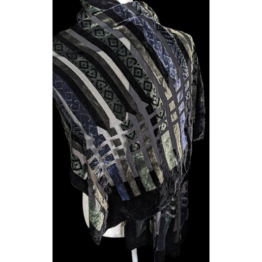 Vintage Blue And Green Striped Geometric Velvet Burnout Scarf