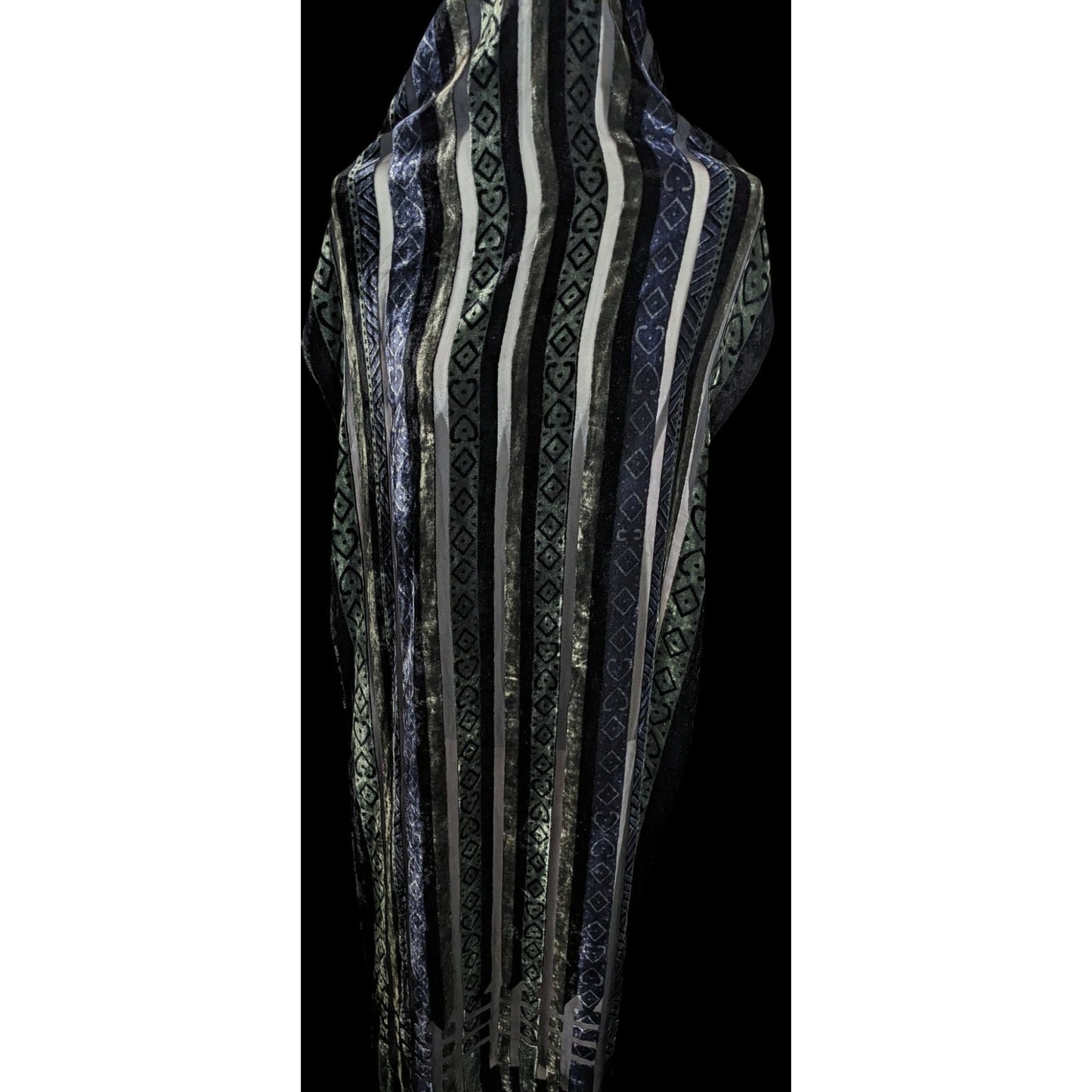 Vintage Blue And Green Striped Geometric Velvet Burnout Scarf