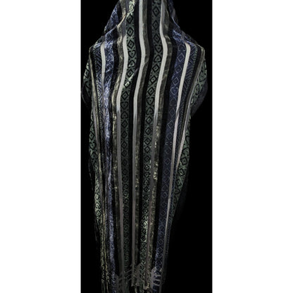 Vintage Blue And Green Striped Geometric Velvet Burnout Scarf