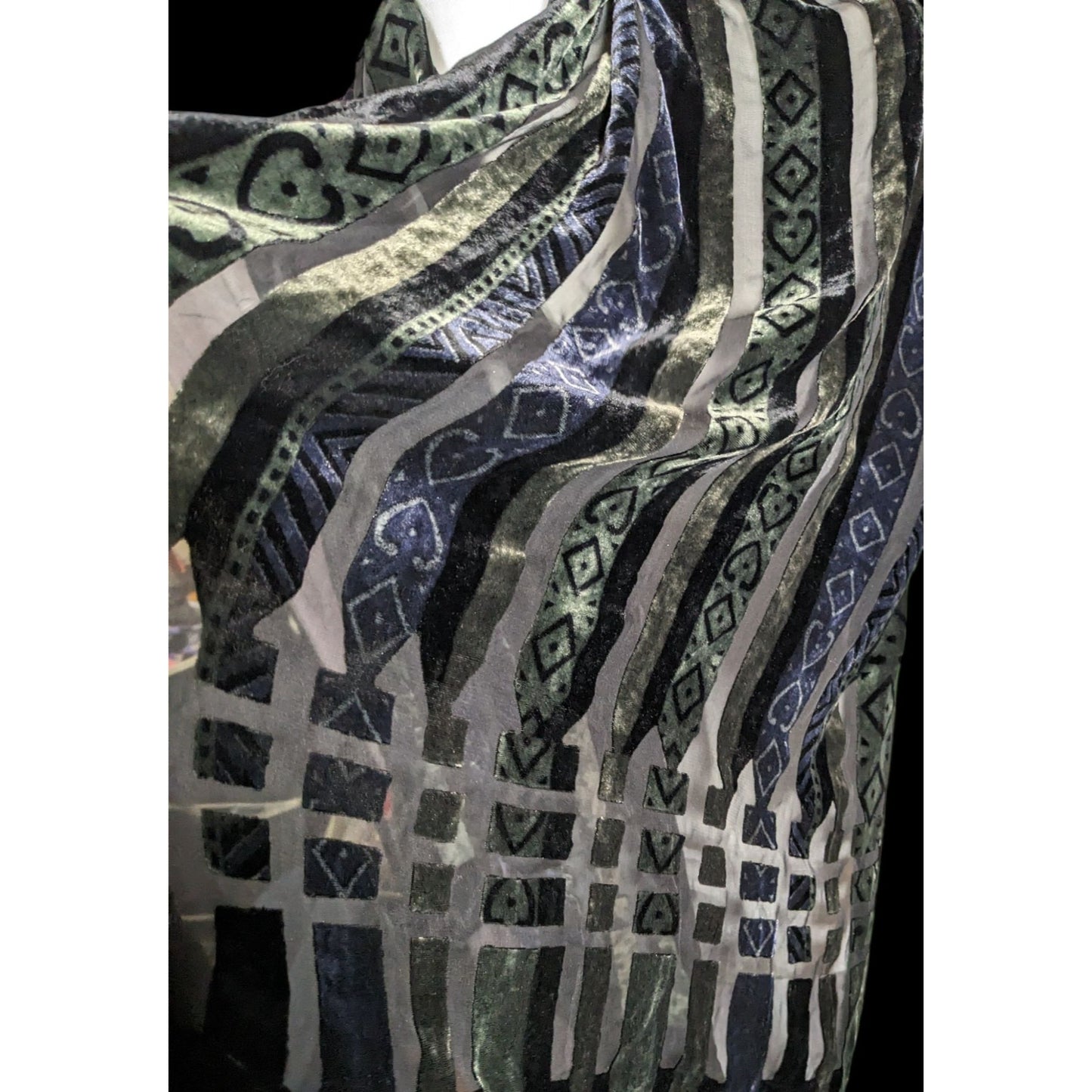 Vintage Blue And Green Striped Geometric Velvet Burnout Scarf