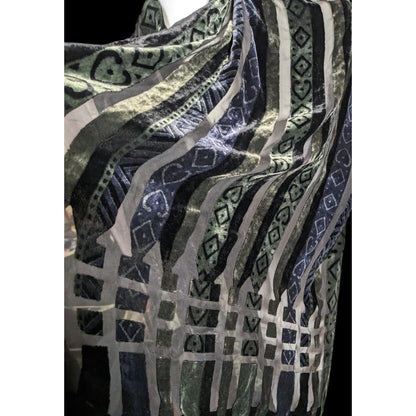 Vintage Blue And Green Striped Geometric Velvet Burnout Scarf