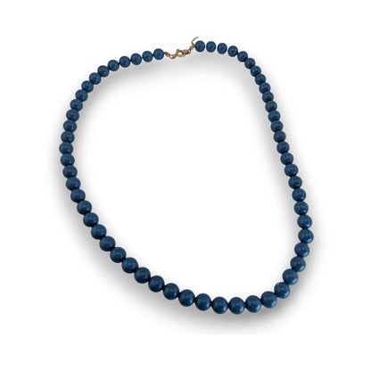 Retro Mod Minimalist Blue Round Beaded Necklace Gold Tone Clasp