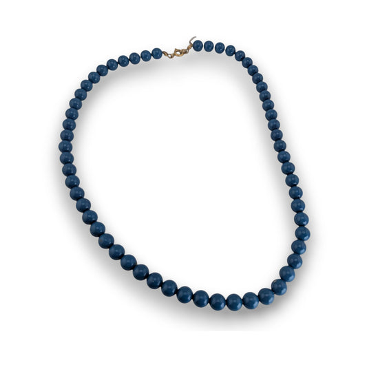 Retro Mod Minimalist Blue Round Beaded Necklace Gold Tone Clasp