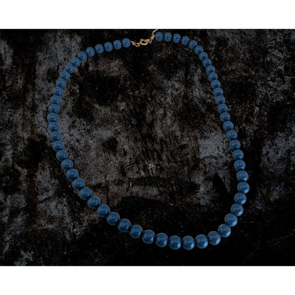 Retro Mod Minimalist Blue Round Beaded Necklace Gold Tone Clasp