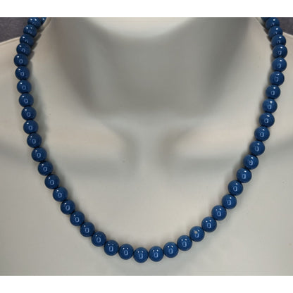 Retro Mod Minimalist Blue Round Beaded Necklace Gold Tone Clasp