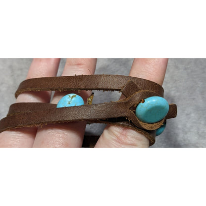 Vintage Handmade Western Leather Wrap Bracelet With Turquoise Beads