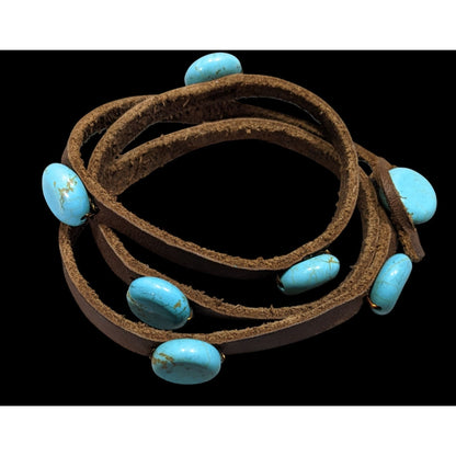 Vintage Handmade Western Leather Wrap Bracelet With Turquoise Beads