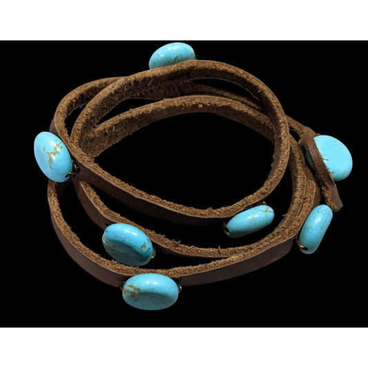 Vintage Handmade Western Leather Wrap Bracelet With Turquoise Beads