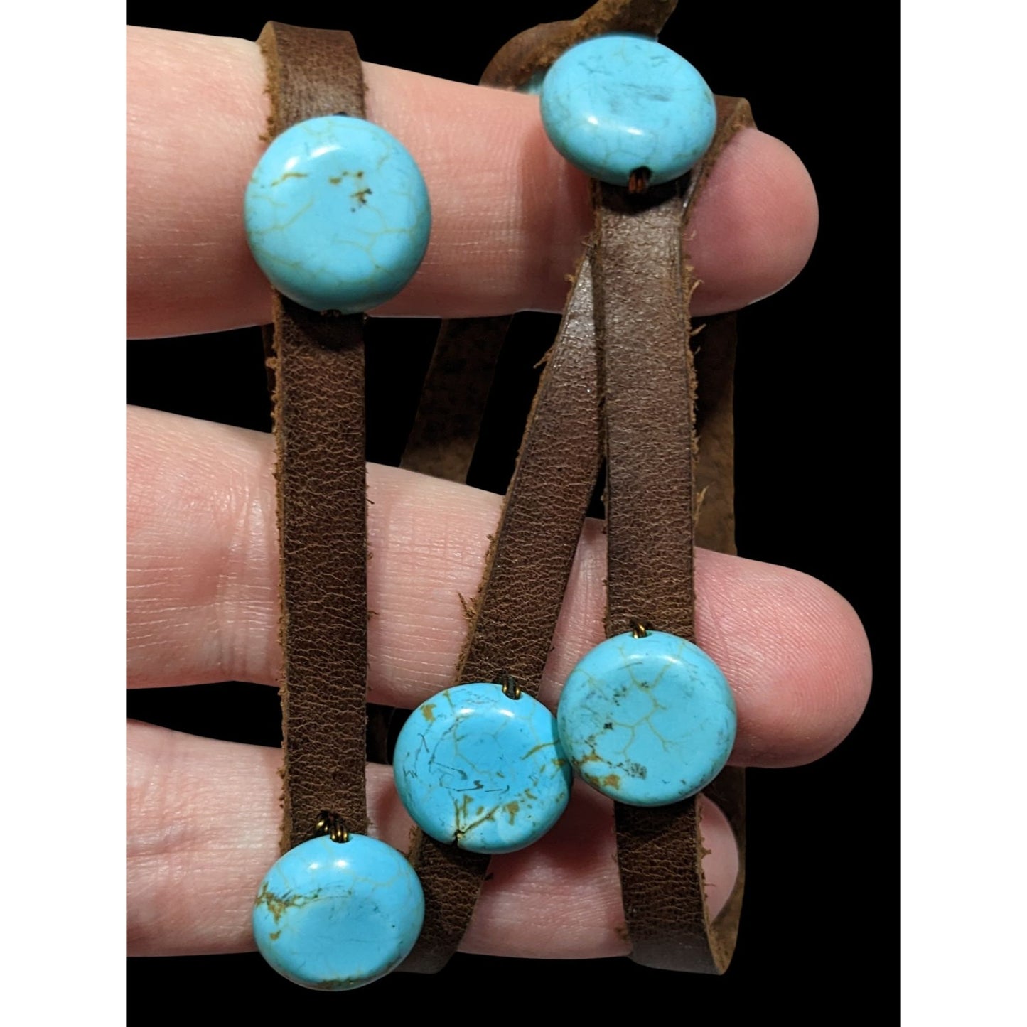 Vintage Handmade Western Leather Wrap Bracelet With Turquoise Beads