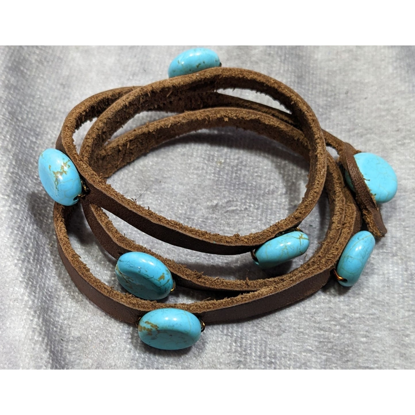 Vintage Handmade Western Leather Wrap Bracelet With Turquoise Beads