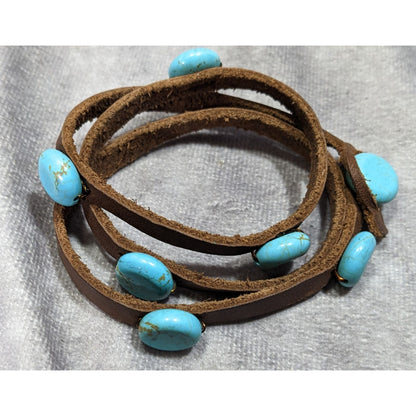 Vintage Handmade Western Leather Wrap Bracelet With Turquoise Beads