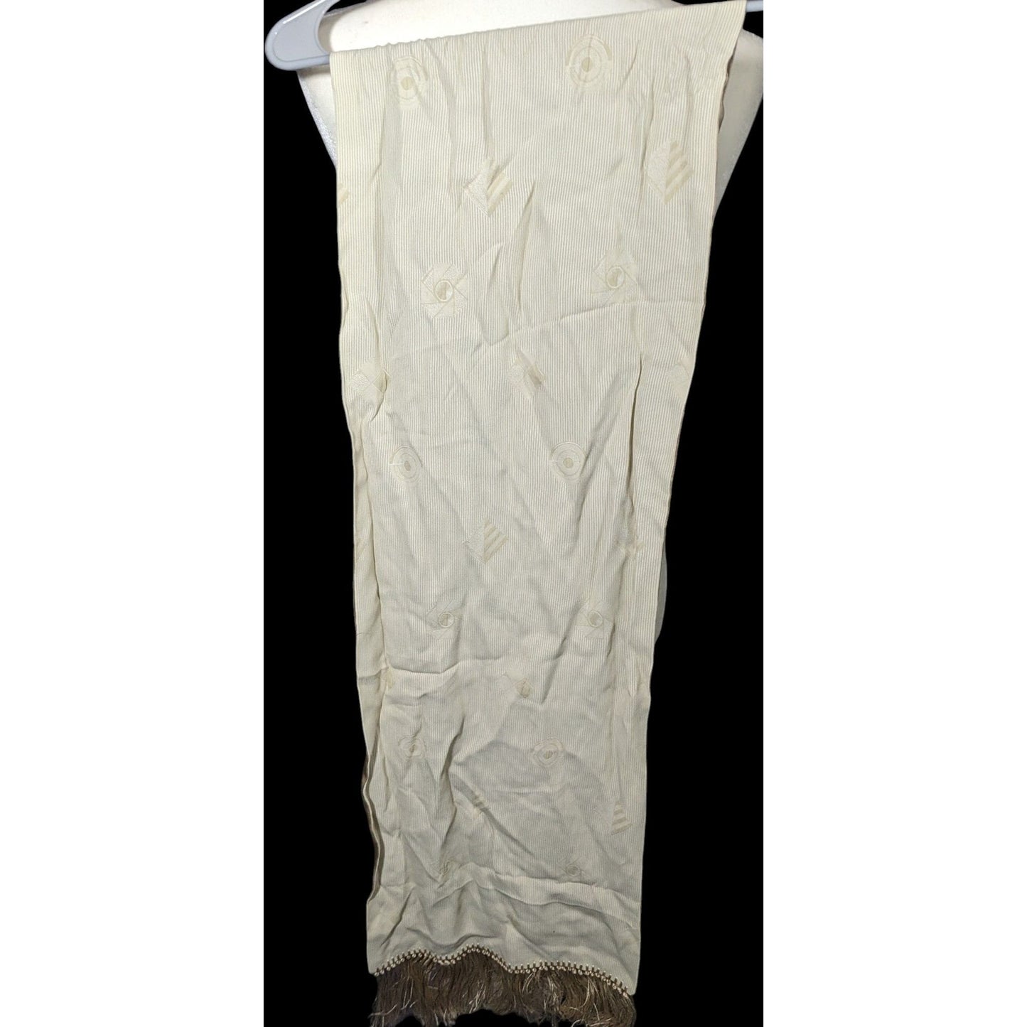 Vintage Donna Livingston Silk Beige Geometric Textured Scarf With Fringe