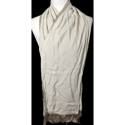 Vintage Donna Livingston Silk Beige Geometric Textured Scarf With Fringe