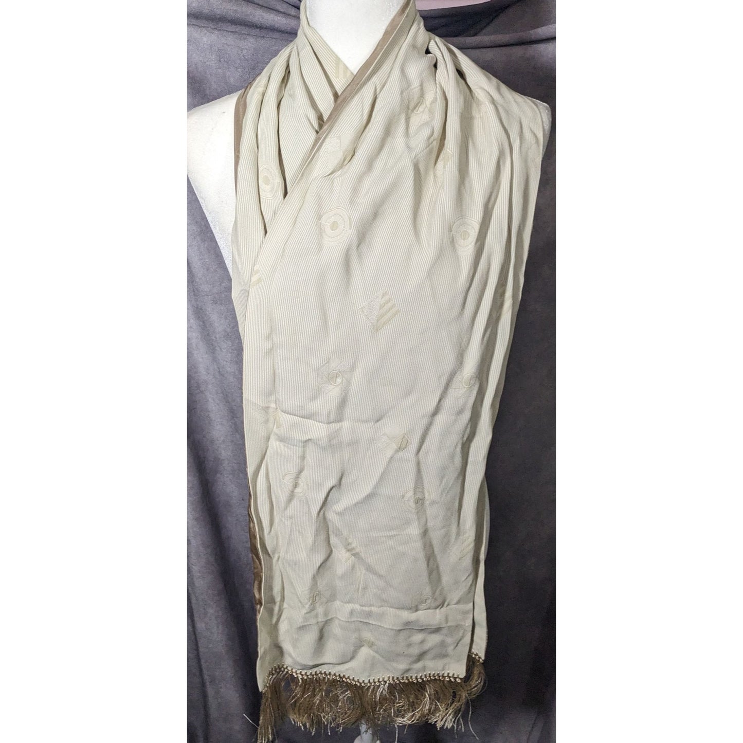 Vintage Donna Livingston Silk Beige Geometric Textured Scarf With Fringe