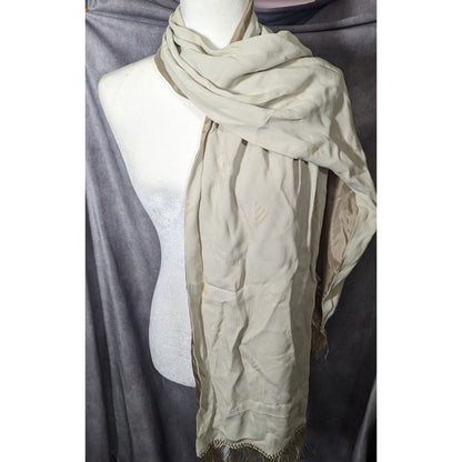 Vintage Donna Livingston Silk Beige Geometric Textured Scarf With Fringe