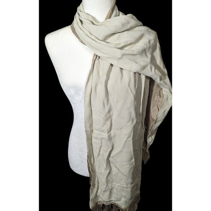 Vintage Donna Livingston Silk Beige Geometric Textured Scarf With Fringe