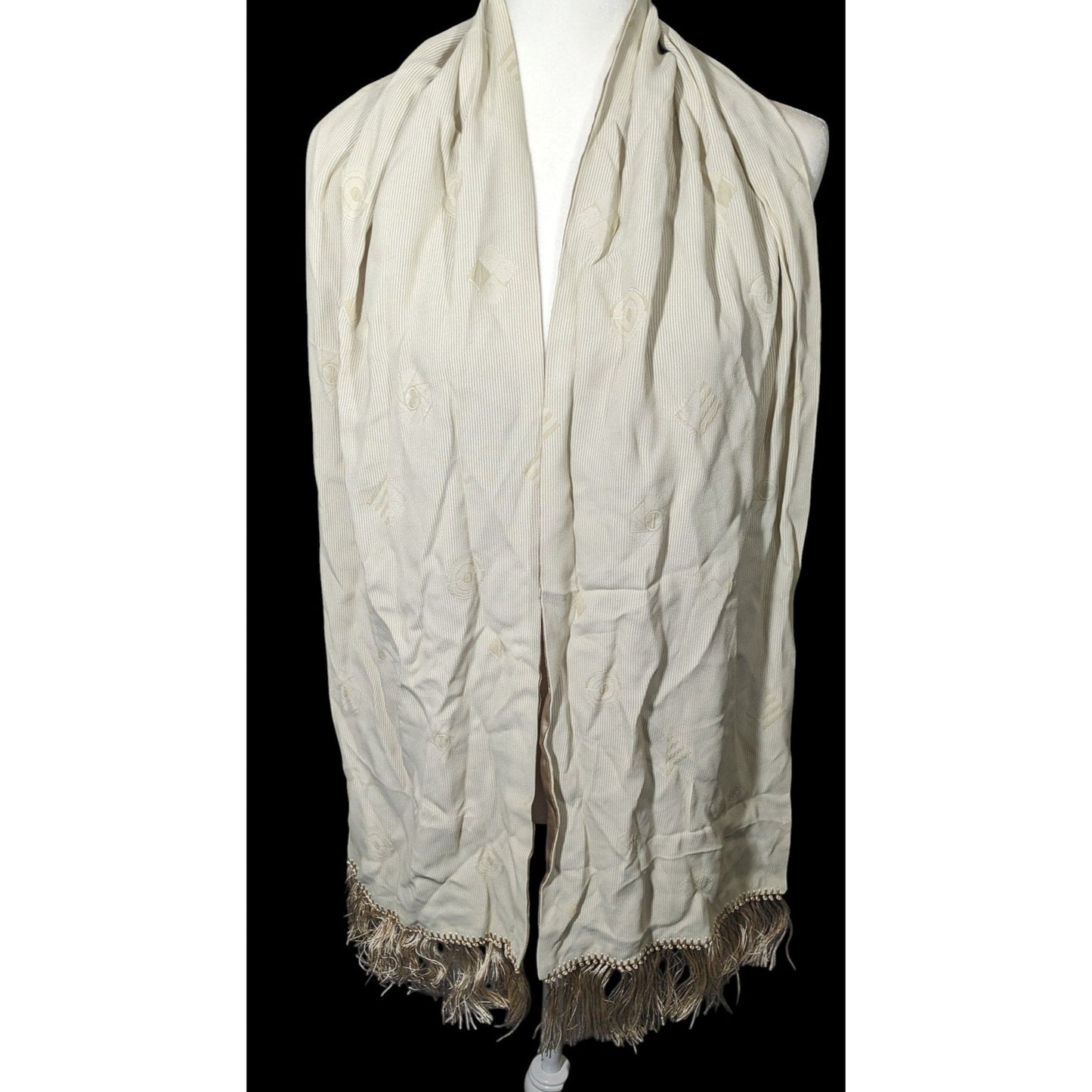 Vintage Donna Livingston Silk Beige Geometric Textured Scarf With Fringe