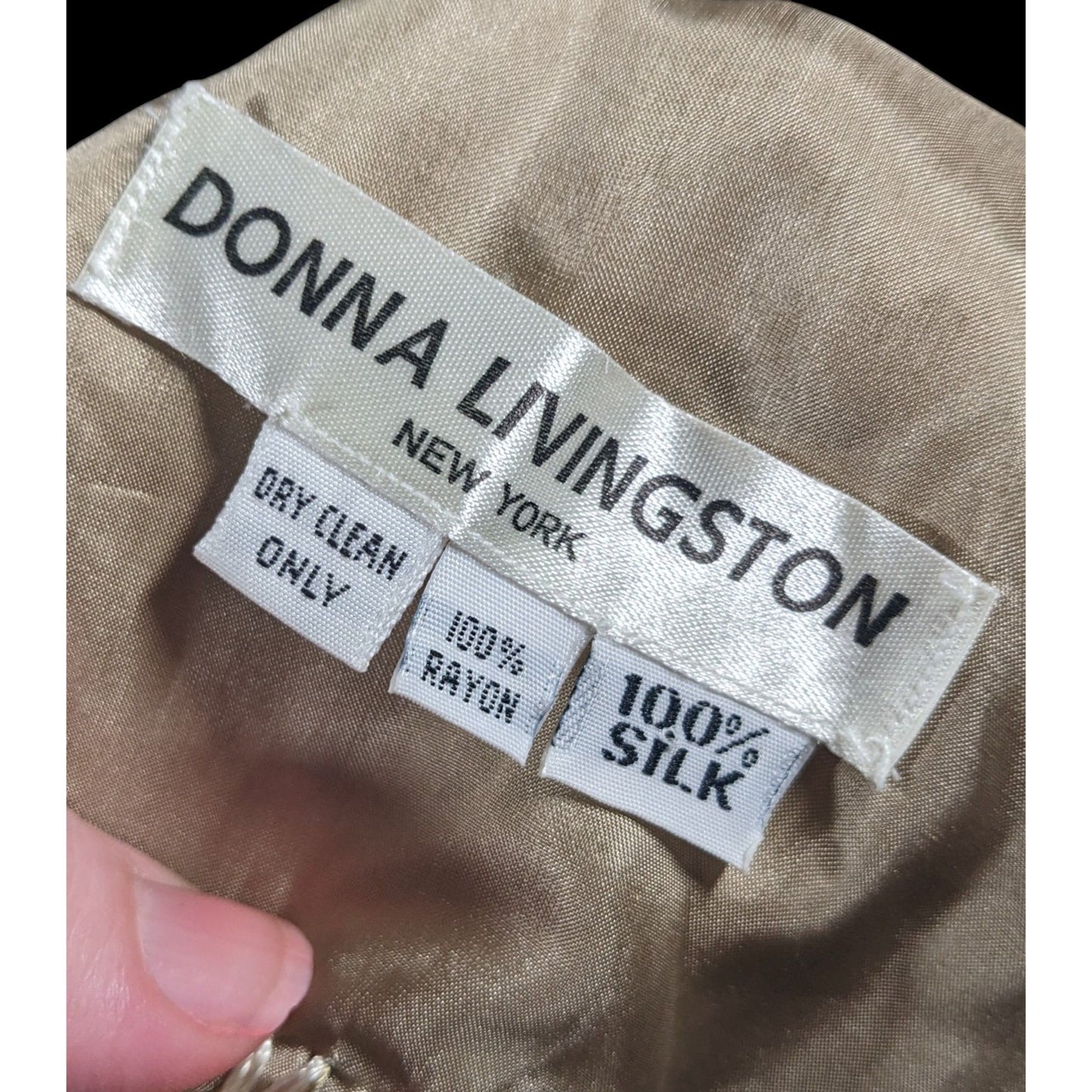 Vintage Donna Livingston Silk Beige Geometric Textured Scarf With Fringe