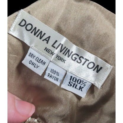 Vintage Donna Livingston Silk Beige Geometric Textured Scarf With Fringe