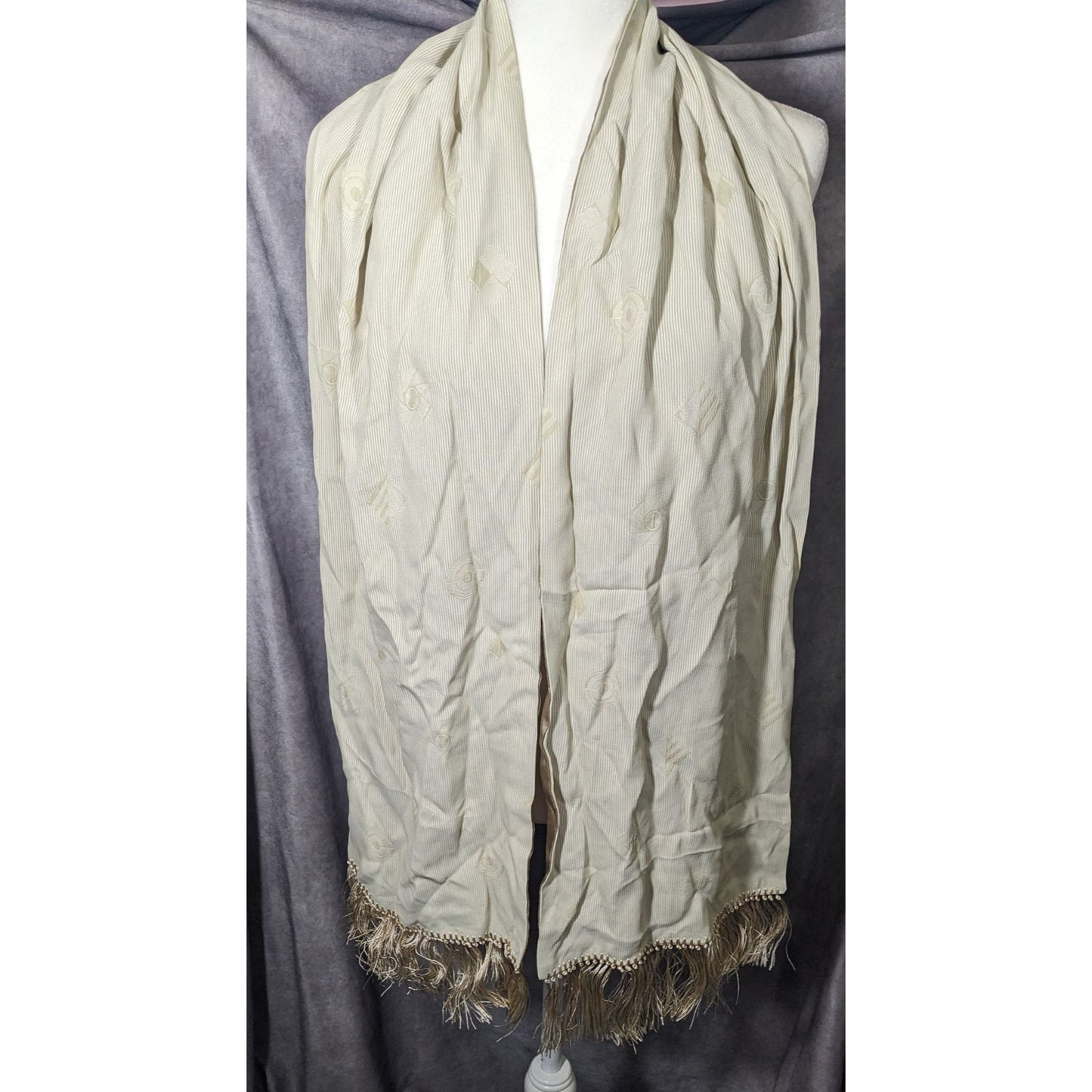 Vintage Donna Livingston Silk Beige Geometric Textured Scarf With Fringe