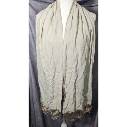 Vintage Donna Livingston Silk Beige Geometric Textured Scarf With Fringe