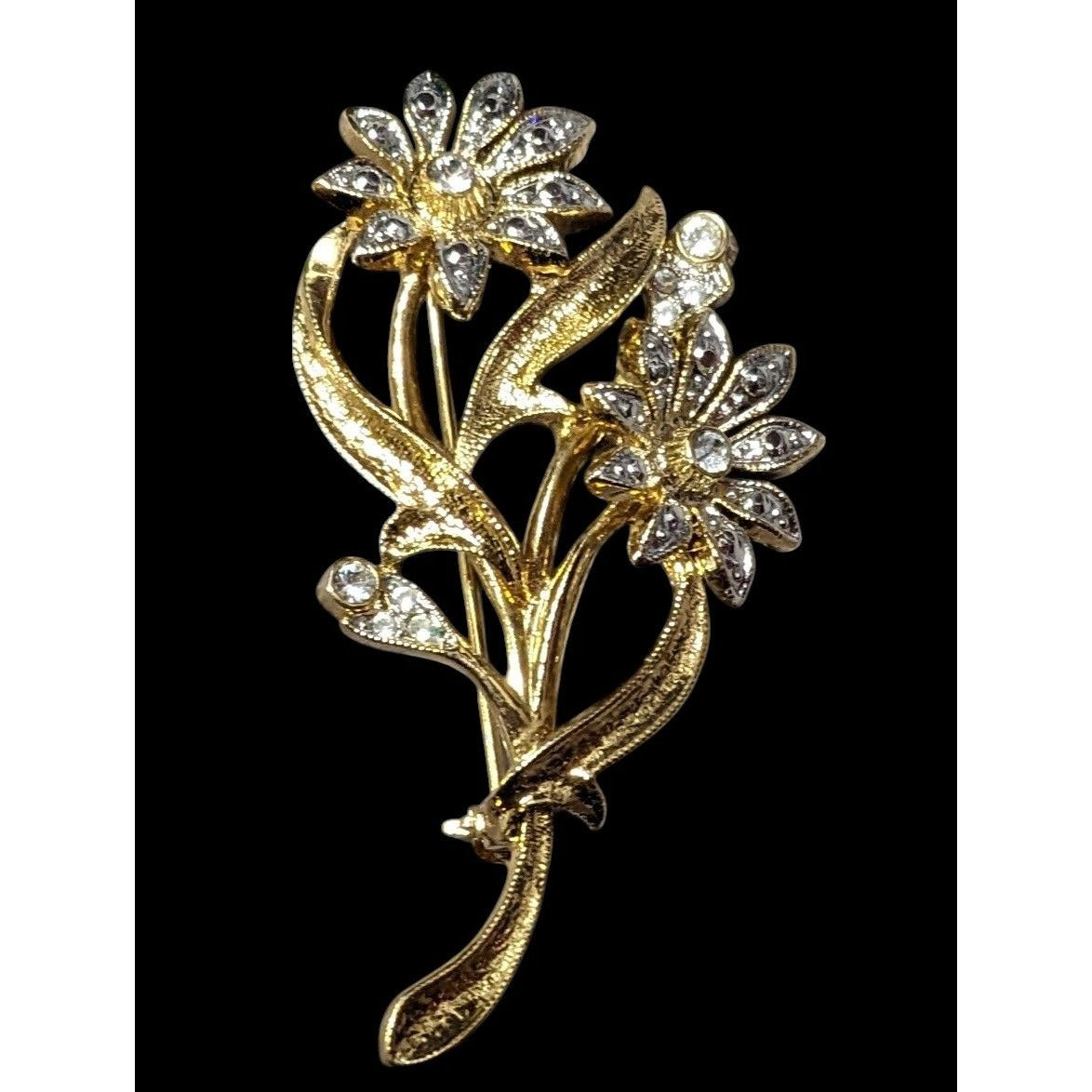 Vintage Floral Silver And Gold Tone Rhinestone Brooch