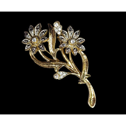 Vintage Floral Silver And Gold Tone Rhinestone Brooch