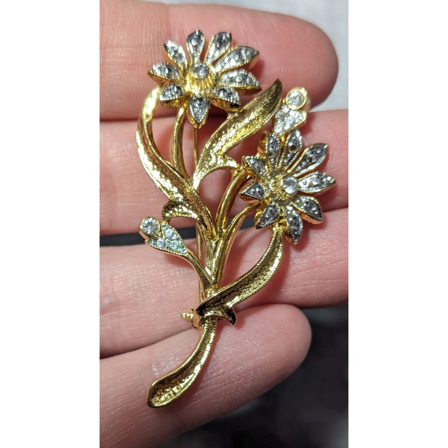 Vintage Floral Silver And Gold Tone Rhinestone Brooch